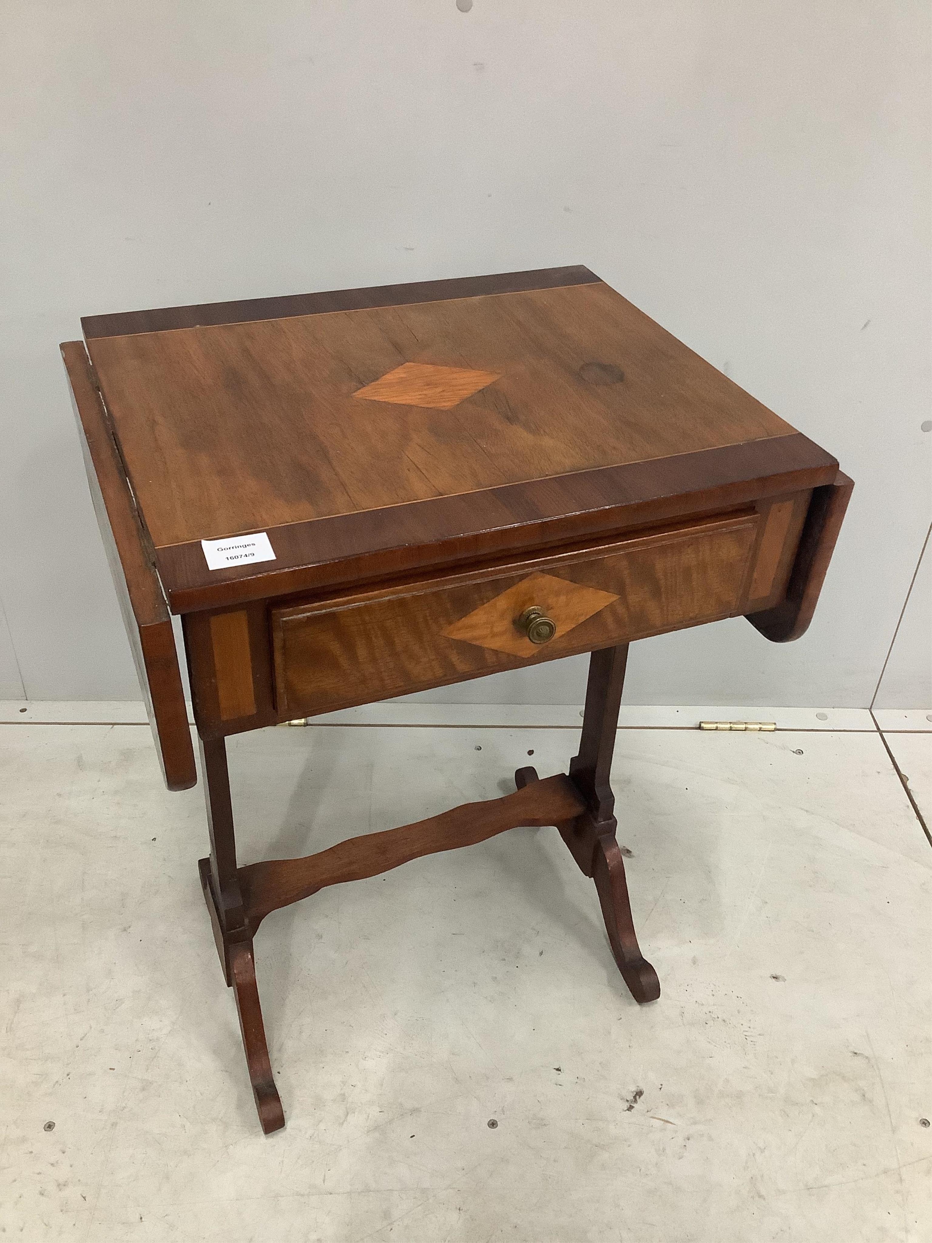 An inlaid mahogany drop flap occasional table, width 52cm, height 69cm. Condition - fair